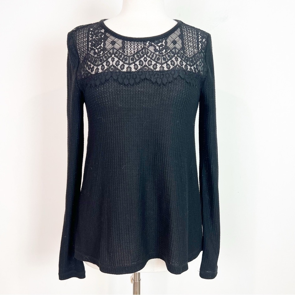 LUCKY BRAND BLACK WAFFLE KNIT LONG SLEEVE WITH LACE WOMENS SZ SMALL